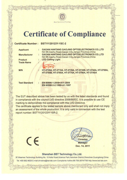 CE 2 certificação de luz de teto levou